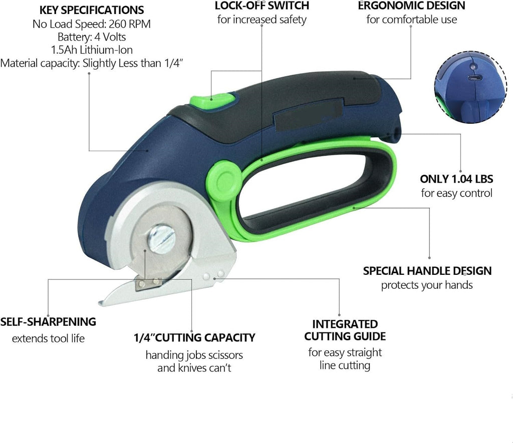 Cordless Electric Scissors : 4V Self-Sharpening Rotary Cutter